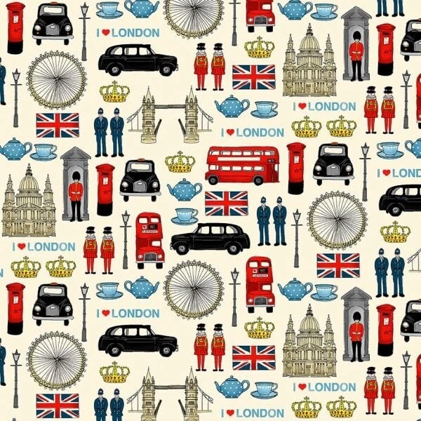 MAKOWER 25x110cm London Sehenswürdigkeiten, Patchworkstoff, Meterware, 100% Cotton