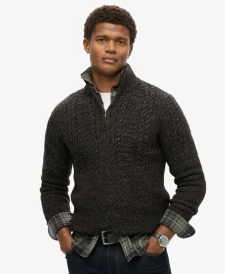 Superdry Jacob Cable Knit Half Zip Jumper Sweater Black Twist Henley Wool 1/4 - Image 1 of 4