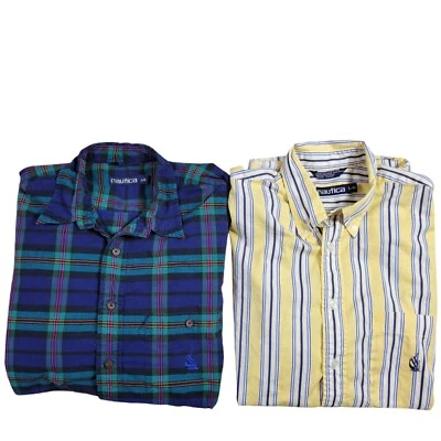 Lot of 2 Nautica Shirts Mens Large Stripe Plaid Long/Short Sleeve Sailing Crest - Image 1 of 4