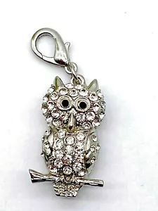 Vintage Silver Metal Rhinestone Diamante Owl Key Ring/ Charm 1980' - Picture 1 of 11