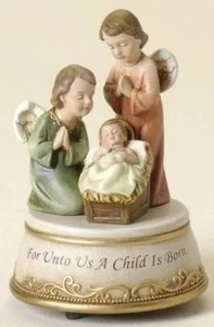 Christmas Music Box Baby Angels Surround Infant Jesus in Manger Plays Noel Unto - Picture 1 of 3
