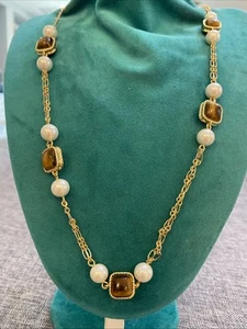 TALBOTS Gold Tone Tigers Eye & Faux Pearls Long Statement Necklace 32-35" A10 - Picture 1 of 6