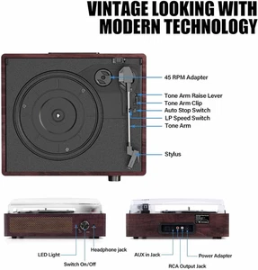 Reproductor de discos de vinilo Bluetooth, tocadiscos de 3 velocidades con altavoces estéreo de colección... - Imagen 1 de 12