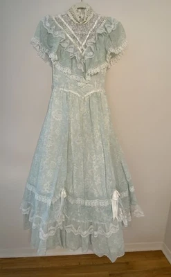 Vtg 80s Gunne Sax Womens Size 5 Victorian Ruffled Lace Gown Prairie Blue White - Image 1 of 4