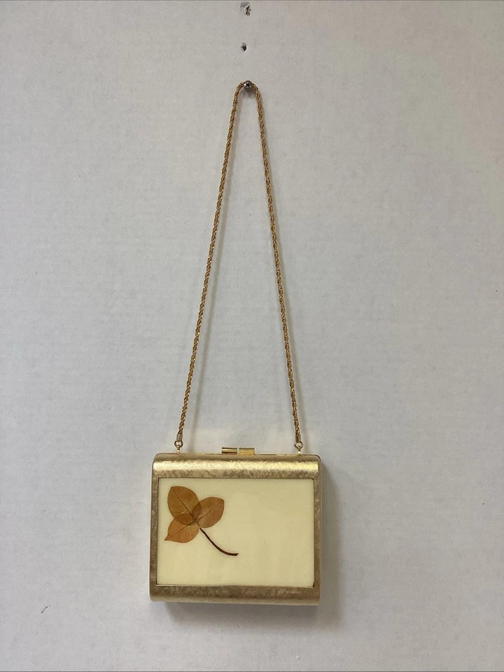 Bolso sin asas dorado dorado de colección ITALIA - Carcasa dura, marrón terciopelo forrado Bolso de noche Cartera Foto 1 de 4