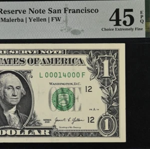 2021 $1 Federal Reserve Note PMG 45EPQ - Birthday - Fancy Serial Number 00014000 - Picture 1 of 3