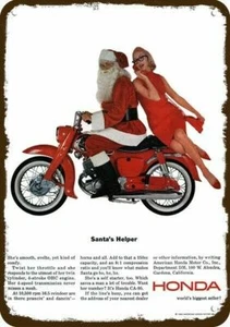 1963 Santa Claus & HONDA CA-95 Motorcycle Vnt-Look DECORATIVE REPLICA METAL SIGN - Picture 1 of 1