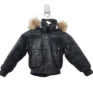 Desert Well Leather Jacket Black Embroidery Fur Hooded Quilted Satin Lining S - Picture 1 of 24