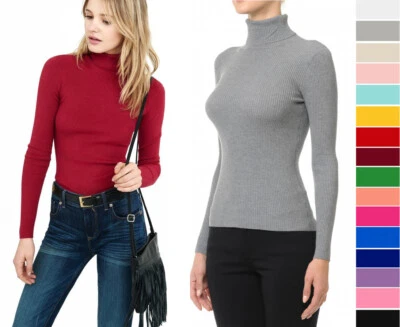 Women's Basic Turtle Neck Sweater Long Sleeve Ribbed Stretch Fitted Solid Colors - Image 1 of 4