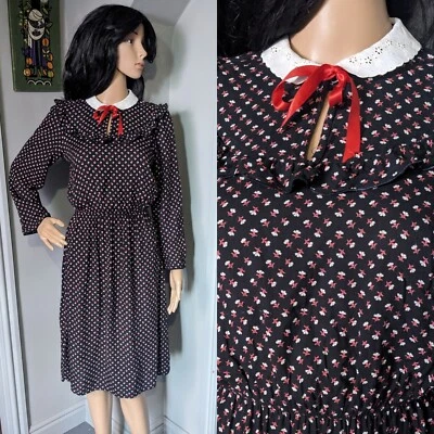 Vintage 80s Dorothy Perkins Floral Broderie White Collar Bow Tea Dress 8 10 36 - Image 1 of 4