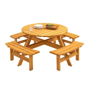 8-Person Outdoor Circular Picnic Table with Umbrella Hole and 4 Built-in Benches - Picture 1 of 7