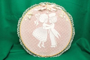 Vintage 80s Lace Courting Couple Embroidery Hoop Wall Art Decor - Picture 1 of 3