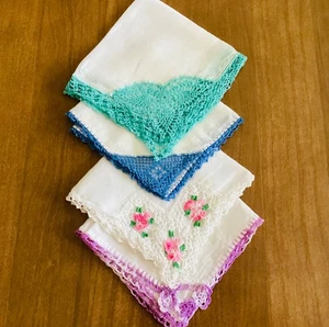 Lot (4) Vtg.-HANKIES/HANDERCHIEFS-Crochet Edge w/Decorative Corners - Picture 1 of 2
