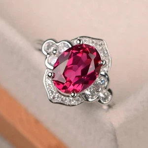 Vintage 925 Sterling Silver Oval Cut Ruby & Moissanite Engagement Ring For Women - Picture 1 of 3