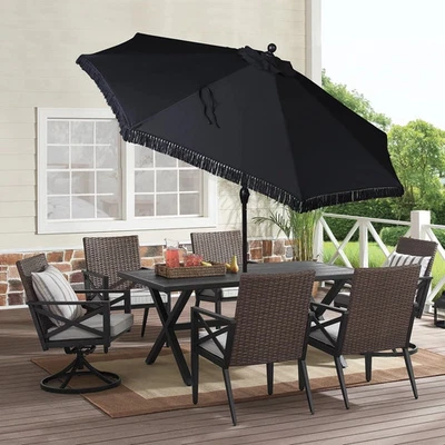 Black Solid Print Round Fringe Patio Umbrella, Adjustable Tilt - Image 1 of 4