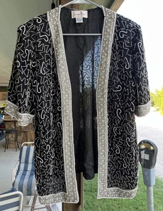 VTG Silk Lawrence Kazar 1X Women's Beaded Embellished Silk Evening Blazer Black - Picture 1 of 16