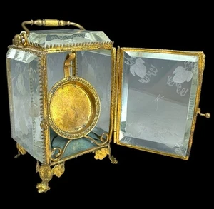 Antique Pocket Watch Hutch Holder Display Victorian Beveled Glass Ormolu Casket - Picture 1 of 17
