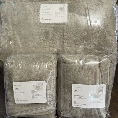 POTTERY BARN SHEARLING FAUX FUR KING QUILT SET (2) KING SHAMS ~ STONE (TAUPE) - Image 1 of 4