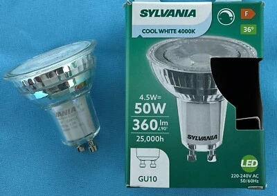 6 X 4.5W GU10 LED bulb SYLVANIA 360lm COOL WHITE 4K 54mm x 50mm bulbs DIMMABLE - Image 1 of 4