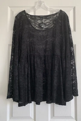 Top Torrid para mujer 0 negro Babydoll encaje cuello redondo manga larga caprichoso nuevo con etiquetas Foto 1 de 4