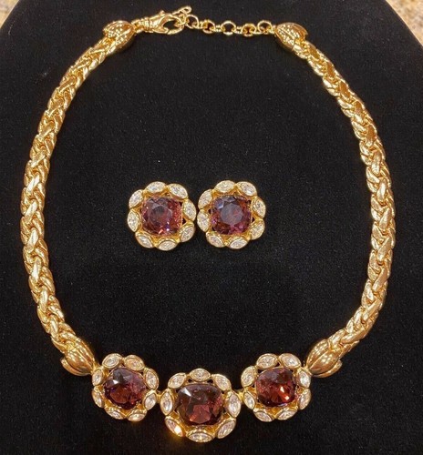 Set Collana e Orecchini Vintage Christian Dior Placcati in Oro Cristallo Ametista