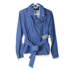 Eloquii NWT Womens Size 14/16 Blue Denim Moto Zipper Jacket with Waist Tie New - Picture 1 of 21
