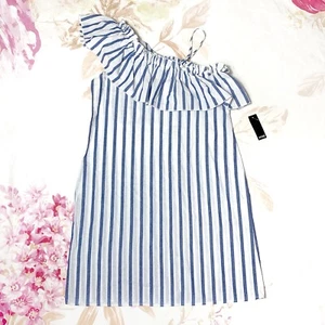 SNAP Small Dress One Shoulder Ruffle Blue White Stripes Summer NEW  - Picture 1 of 7