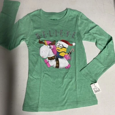 Despicable Me Minions Believe Youth Girls Green Long Sleeve Shirt XS 4-5 New - Image 1 of 3