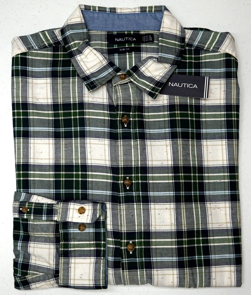 NAUTICA Mens XL SLIM FIT PLAID SHIRT Pacific Pine Green COTTON W63337