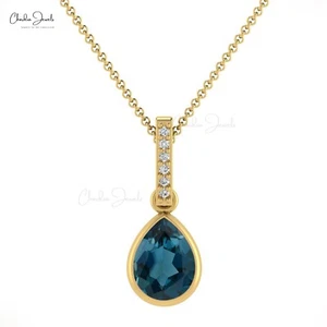 8x6mm Teardrop London Blue Topaz Pendant Real 14K Gold Diamond Necklace For Her - Picture 1 of 22