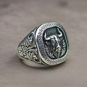 Turkish 925 Silver Handmade Jewelry Bull Design Men's Ring All Sizes - Picture 1 of 8