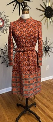 VTG Tanner Knits MD 1970s Geometric Dress w/ Belt Long Sleeve Mock Neck - Image 1 of 4