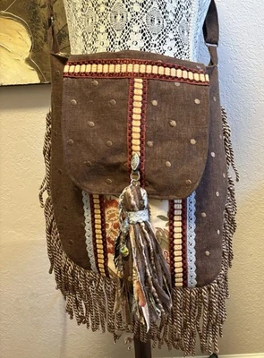 Boho Hippie Festival Purse Upcycled Fringe Crossbody Bag Designer Shopping Bag - Image 1 of 4