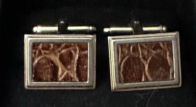 Vintage Cufflinks Rectangle Textured Brown Leather Gold & Silver Tone - Image 1 of 4