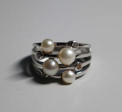 SILBERRING MIT ECHTEN PERLEN - DESIGN TSCHIBO / 925 SILBER RHODINIERT / WIE NEU - Bild 1 von 4