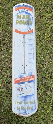 Antique Mail Pouch Tobacco Thermometer Tin Advertising Sign 39”x8” (Works) - Image 1 of 4