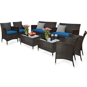 8PCS Patio Rattan Conversation Furniture Set Outdoor w/ Peacock Blue Cushion - Picture 1 of 10