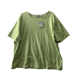 Coral Bay Womans Blouse Top Green Plus 2X Solid Cotton Short Sleeve Square Neck - Picture 1 of 6