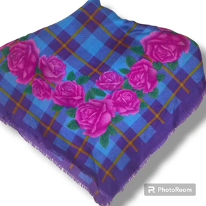 Vintage Tomar Fashions Plaid / Rose Square Scarf-Fringe Edge-Made in Japan-1970s - Picture 1 of 7