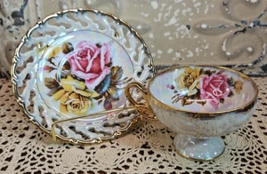 Royal Sealy Footed Tea Cup & Reticulated Saucer Iridescent Rose Pattern 4 oz - Bild 1 von 7