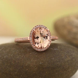 9x7mm Forma Ovalada Morganita Halo Compromiso Anillo 14K Oro Rosa Chapado Plata - Imagen 1 de 6
