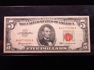 USA $5 1963 A43770256A # UNITED STATES Note RED Seal LINCOLN Bill Dollar Money - Picture 1 of 2