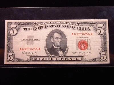 USA $5 1963 A43770256A # UNITED STATES Note RED Seal LINCOLN Bill Dollar Money - Image 1 of 2