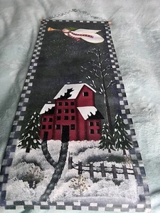 Primitive WINTER Painted Canvas Wall Hanging SNOWMAN ANGEL HOUSE - Picture 1 of 4
