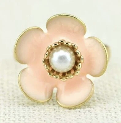 Anillo de cóctel flor plumeria perla talla 7 chapado en oro isla esmalte melocotón Foto 1 de 4