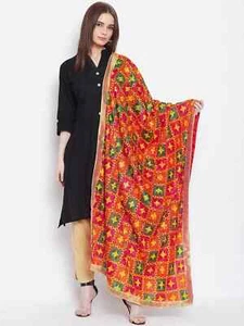 Rajasthani Silk Bandhani Bandhej Tassel Work Heavy Embroidered Phulukari Dupatta - Picture 1 of 2