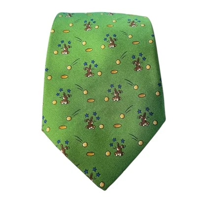 Hermes Green Bunny Tie - Jumping Rabbits and Gold Coins Silk Made in France - Image 1 of 4