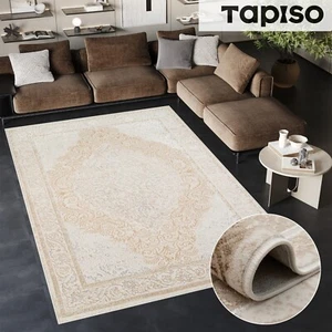Alfombra de pelo corto marrón beige adorno borde clásico efecto 3D salón - Imagen 1 de 7
