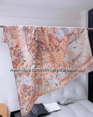 Sallys 14~18 Momme Twill Silk Wrap Scarf Rainbow House Print Square Shawl 35" - Image 1 of 4