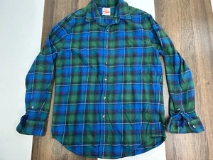Flint & Tinder Mens L Blue Green Plaid Button Flannel Shirt 100% Cotton - Picture 1 of 8